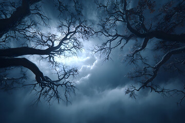 Halloween horror background blank template with empty copy space. Tree branches, dark sky