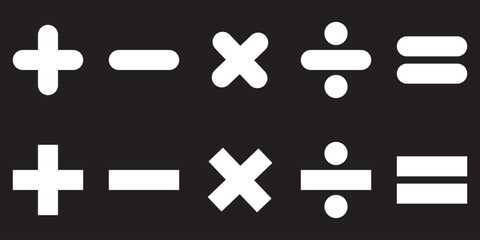 Obraz premium Basic mathematical symbol. Addition, subtraction, multiplication, division, equal sign, icon vector symbol. Plus, minus, multiply, divide and equal sign icon design set. Mathematical symbol icon. 