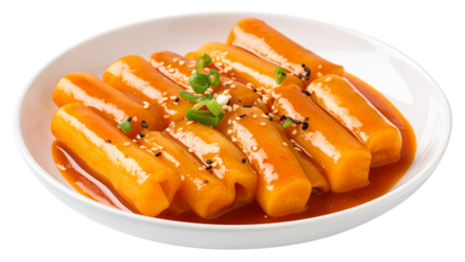 a plate of spicy tteokbokki korean rice cake isolated on white background