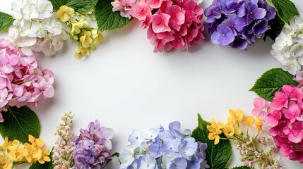 Biglietto d'auguri floreale elegante e raffinato, con ampio spazio per messaggio o logo, circondato da ortensie multicolori.