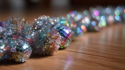 Obraz premium christmas Sparkling decorative ornaments on a wooden surface.