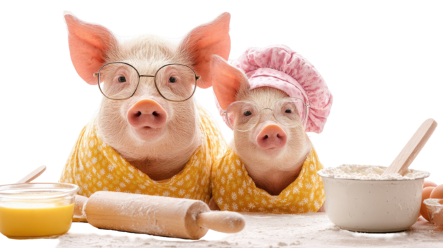 A funny cartoon pig and illustration with milk, , and a on a farm