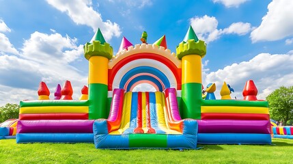 Vibrant inflatable playground with rainbow slide and towers on sunny day
