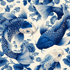 Original seamless pattern of a koi fish, carp in blue and white colors, Chinese new year, Asian festives. Graceful background, wrapping paper, fabric swatch