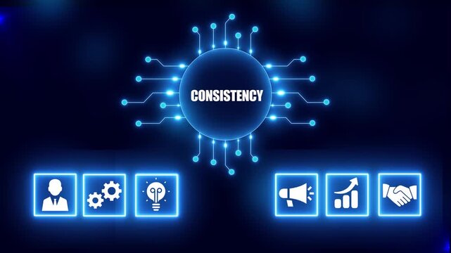 Digital illustration of business consistency concept with icons and glowing circuit board on dark blue background