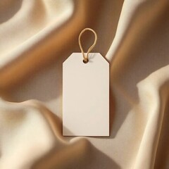 Realistic photo of blank clothing tag tied with string on fabric background, warm daylight, soft shadow, ultra-realistic 8k, perfect for fashion branding or label design showcase.