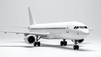 White commercial jetliner on seamless white background, landing gear deployed, evoking sterile precision and suspended motion.
