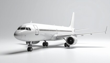 White commercial jetliner on seamless white background, landing gear deployed, evoking sterile precision and suspended motion.