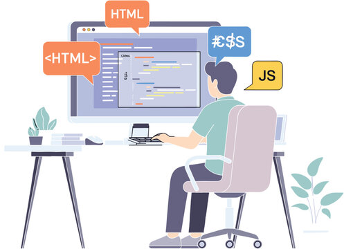 PrintModern web developer workspace with HTML JavaScript coding screen, laptop, coffee, books, plants, and organized tech desk illustration vector