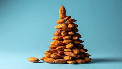 Almonds stacked in a pyramid against light blue background, evoking natural balance, earthy geometry, and playful minimalism.