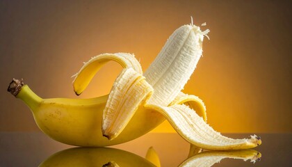 Partially peeled ripe banana on smooth surface with gradient blue background, evoking freshness, contrast, and playful simplicity.