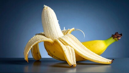 Partially peeled ripe banana on smooth surface with gradient blue background, evoking freshness, contrast, and playful simplicity.