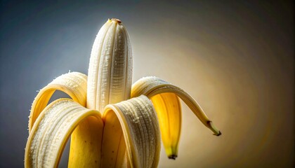 Partially peeled ripe banana on smooth surface with gradient blue background, evoking freshness, contrast, and playful simplicity.