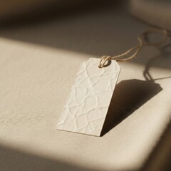 Realistic photo of blank clothing tag tied with string on fabric background, warm daylight, soft shadow, ultra-realistic 8k, perfect for fashion branding or label design showcase.
