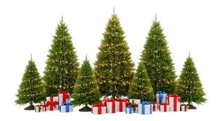 A collection of decorated christmas trees with gift boxes isolated on transparent background