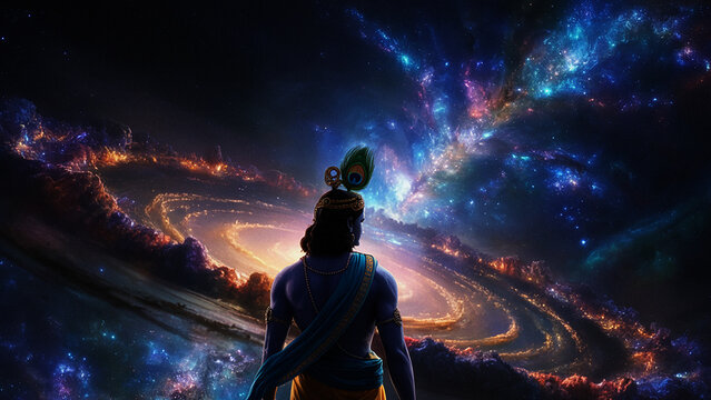 Lord Krishna Gazing at the Cosmic Universe. Spiritual Digital Painting of Hindu God as the Infinite, Universal Form (Vishwaroopa).