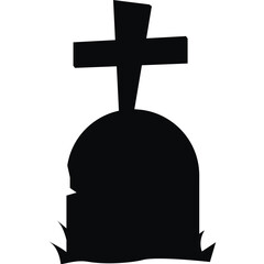 Black Silhouette of a Tombstone With a Cross on Top and Blades of Grass at the Base on a Transparent Background Vector Art