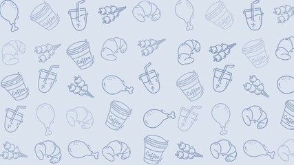 Food pattern with fried chicken croissants and coffee cups is perfect for menus, food blogs, restaurant branding, and social media.