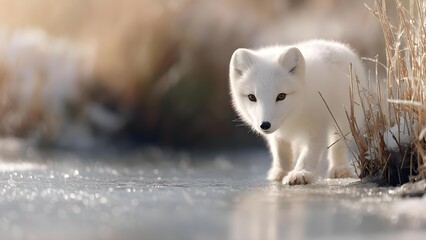 Fototapeta premium A white Arctic fox cub walking on ice beside dry grasses in a sunlit winter scene. Concept Arctic fox cub on ice, Sunlit winter landscape, Dry grasses by ice, White fur in sunlight