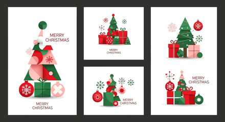 Festive Christmas Card Set with Geometric Trees and Gifts