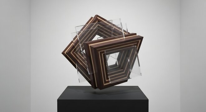 Abstract woodacrylic sculpture layered square frames on a black pedestal against a neutral gray background