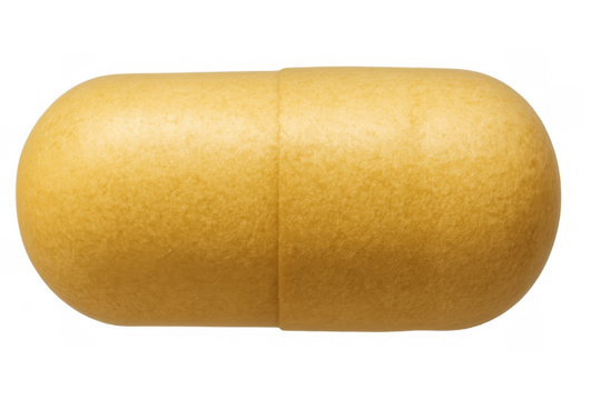 Yellow capsule medicine or dietary supplement pill, concept for health, pharmacy, and medication, transparent background