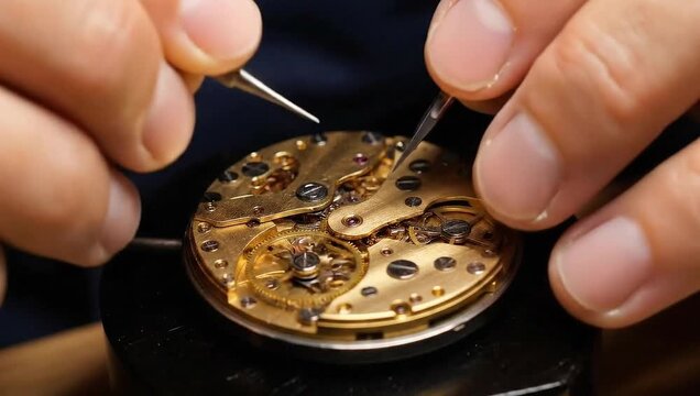  Precision in Time: An artisan meticulously repairs a complex clock mechanism with focused precision, reflecting the delicate craft of horology.