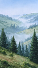 Obraz premium Breathtaking Landscape of Misty Mountains and Lush Forests: A Serene Escape into Nature's Tranquility