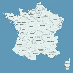 Flat design map of France with labeled regions and main cities. Ideal for education, infographic layouts, travel presentations, and geography teaching materials.
