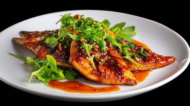 Savor exquisite glazed fish fillets with fresh greens and vibrant sauce, a culinary masterpiece for discerning palates.