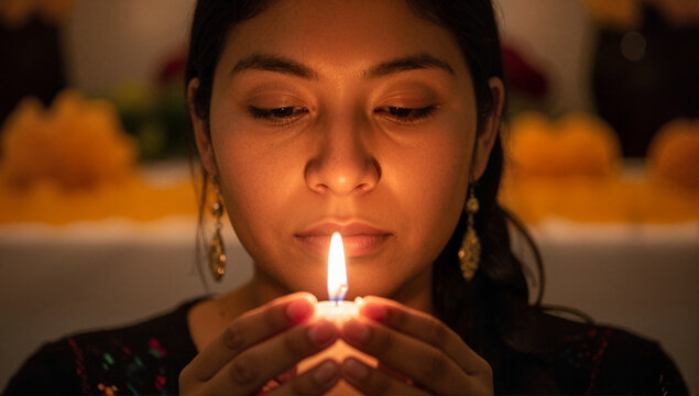 A young Hispanic woman holds a lit candle in remembrance during a Dia de Muertos celebration. Close-up portrait with a traditional ofrenda in the background. Day of the Dead cultural tradition