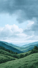 Explore the Serene Beauty of a Watercolor Landscape with Lush Green Valleys and Dramatic Cloud-filled Skies Perfect for Nature Lovers and Art Enthusiasts Alike.