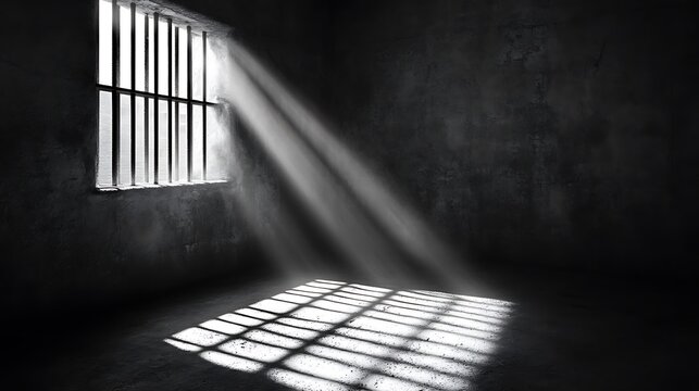 Empty prison cell with sunlight streaming through window bars
