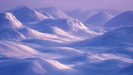Snowy, rolling mountain ridges under a soft purple twilight glow. Concept Snowy Mountains, Rolling Ridge Landscape, Soft Purple Twilight, Twilight Glow, Winter Scenic Scene