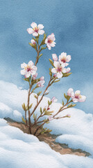 Discover the Beauty of Spring: A Watercolor Illustration of Delicate Cherry Blossom Flowers Emerging from Snowy Terrain