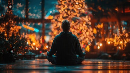christmas A person meditating in front of festive lights at night.