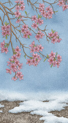 A Delicate Encounter: Cherry Blossoms in Watercolor Against a Gentle Blue Sky and Snowy Ground, Celebrating Nature's Renewal in Spring