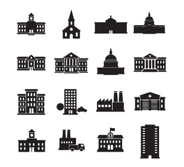 Obraz premium Collection of black and white building icons representing various structures, including government buildings, churches, and factories, for design