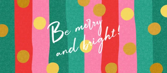 Fotobehang Beren Christmas Holiday banner, card, poster, cover, background. Modern bright Xmas design with doodle hand drawn elements, stripes and golden confetti for season greetings, sales, print and ads.  © Tanya