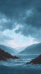 A Breathtaking Landscape Depiction of Serene Waters and Majestic Mountains Under a Stormy Sky, Capturing Nature's Dramatic Beauty and Tranquility in Vivid Blues.
