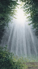 A Serene Woodland Scene: Sunlight Pierces Through Rainfall, Illuminating a Forest Pathway Surrounded by Lush Greenery and Tranquil Atmosphere