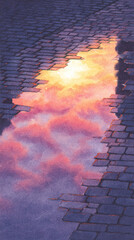 Captivating Reflections: A Serene Landscape of Sunset Colors on Cobblestones Creating a Dreamy Urban Scene