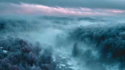 Obraz premium Wintery foggy forest with a partially frozen river winding through snow-covered trees under a pale pink-blue sky. Concept Winter Forest, Foggy Landscape, Partially Frozen River, Snow-Covered Trees