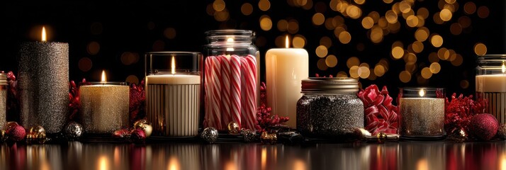 Festive display of candles and christmas decorations against an elegant dark background, perfect for holiday themes.