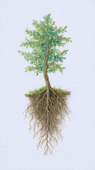 The Harmony of Nature: A Stunning Representation of a Tree with Roots, Capturing the Vital Connection Between Growth, Earth, and the Natural Environment Through Watercolor Art.