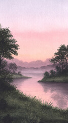 Serene Landscape at Sunset: A Tranquil River Scene with Trees Reflecting on Still Waters in a Beautiful Natural Setting