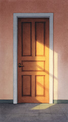 A Serene Doorway Bathed in Warm Sunlight: Capturing the Essence of Architectural Simplicity and Inviting Ambience in Modern Interior Design
