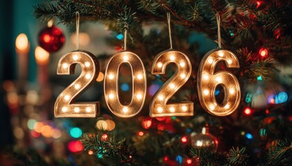 Festive new year's photo featuring the numbers "2026" in glowing marquee letters, hanging from an elegant christmas tree with colorful lights and a bokeh background