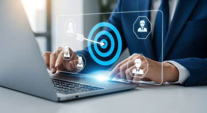 Businessman uses laptop with virtual target, arrow, and customer icons, representing marketing strategy and customer acquisition.