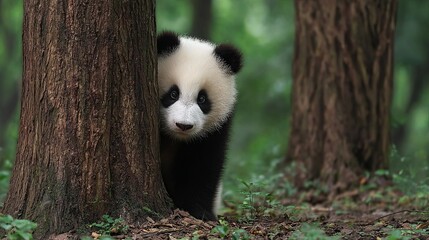 Obraz premium Adorable baby panda peeking from behind a mossy tree trunk in a lush green forest, captivating nature scene